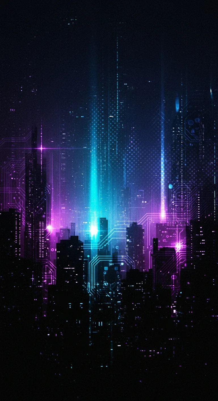 Glowing neon city skyline formed by blue and magenta circuit patterns